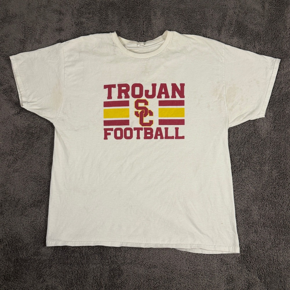 USC Trojan Football T-Shirt Mens XL White Fair Stained Graphic Tee